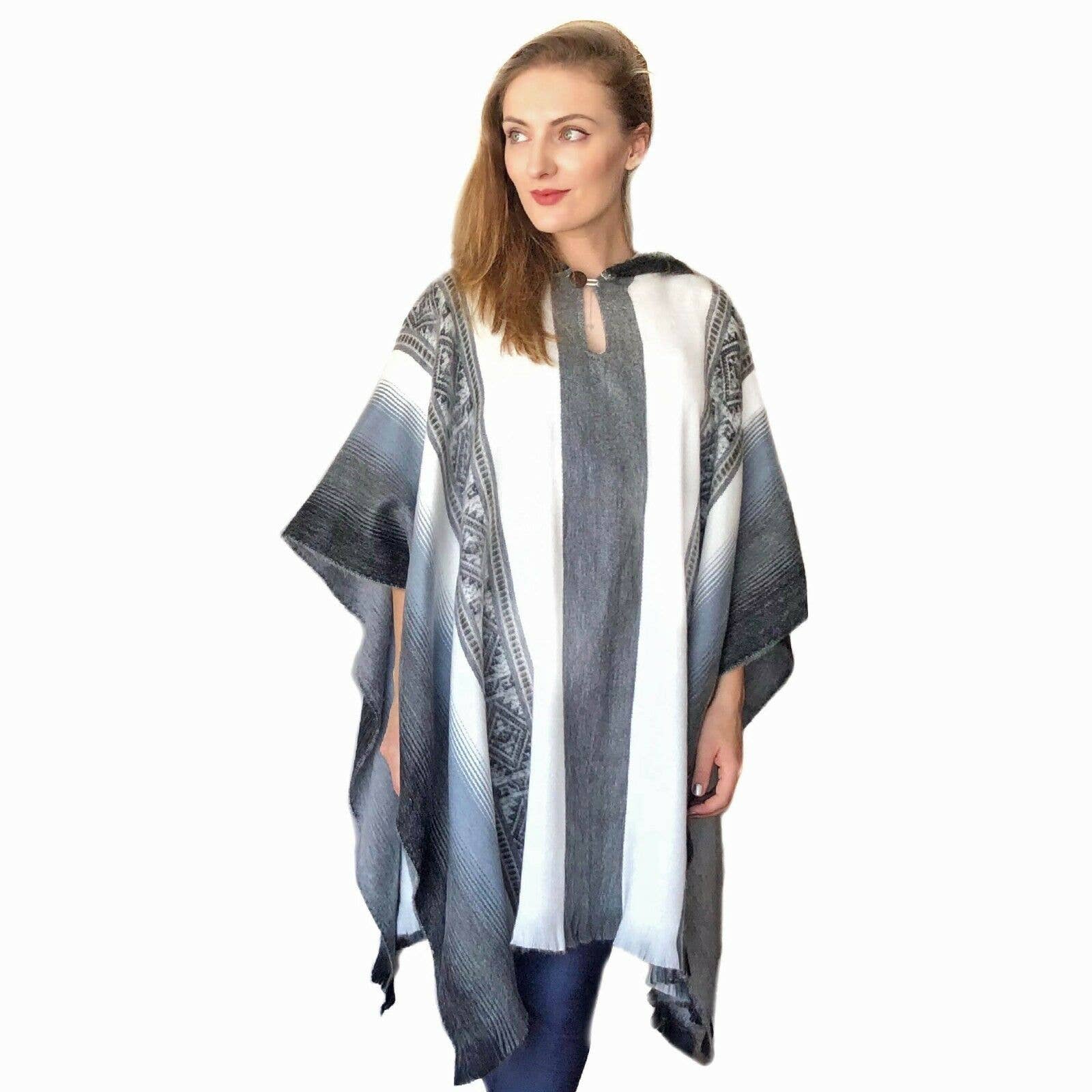 ECUALAMA – wholesale Poncho – Women's – Lightweight Baby Alpaca Wool Unisex Hooded Poncho Pullover - White/Gray2