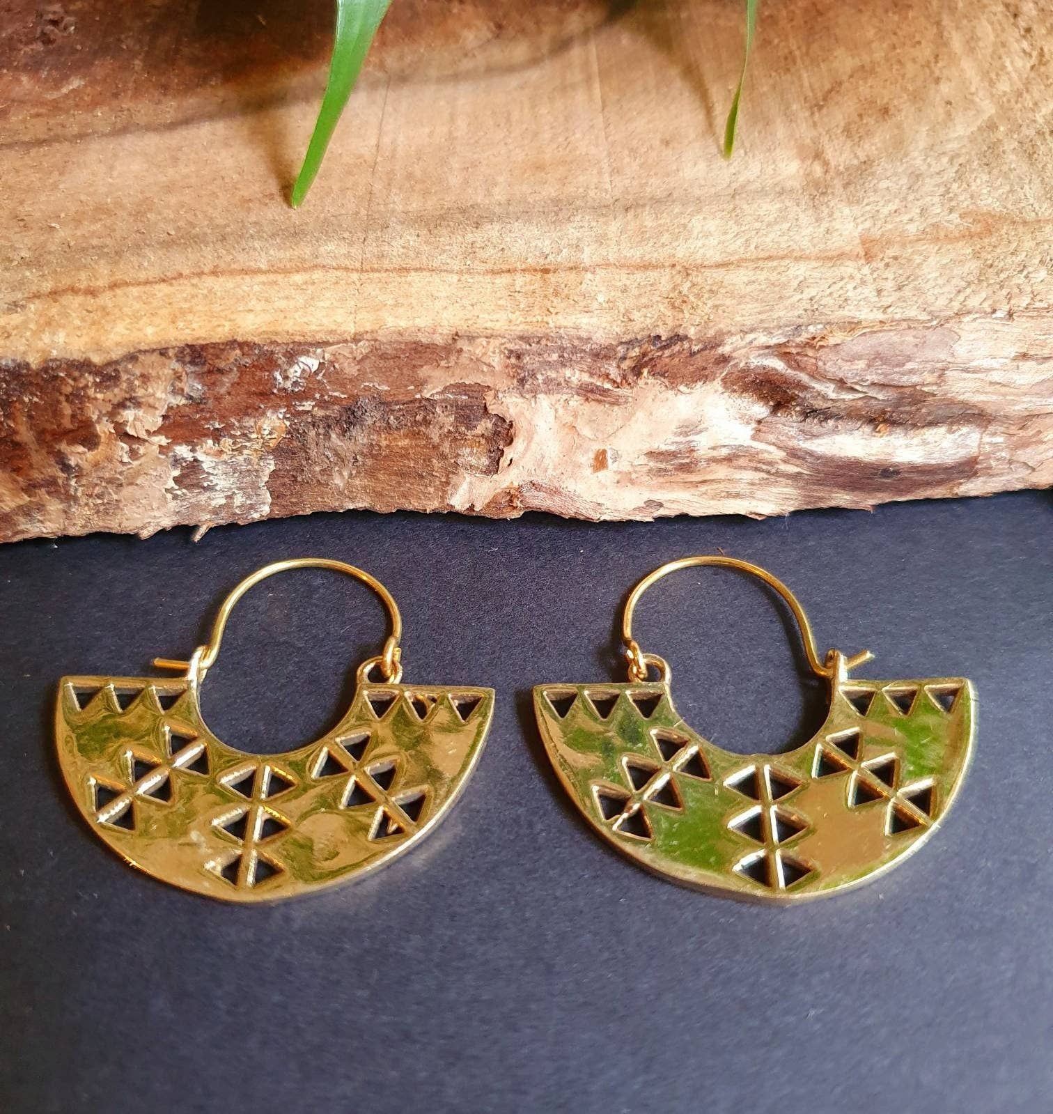 Kaali Boutique - Wholesale Hoop Earrings - Aztec Inca Style Brass Earrings; Ethnic, Geometric, rustic, yoga, hippie, gypsy, pretty, psy, boho, bohemian, festival3
