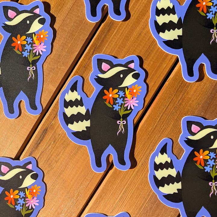 Wildkat Studio - Wholesale Sticker - Raccoon With Flowers Sticker 1