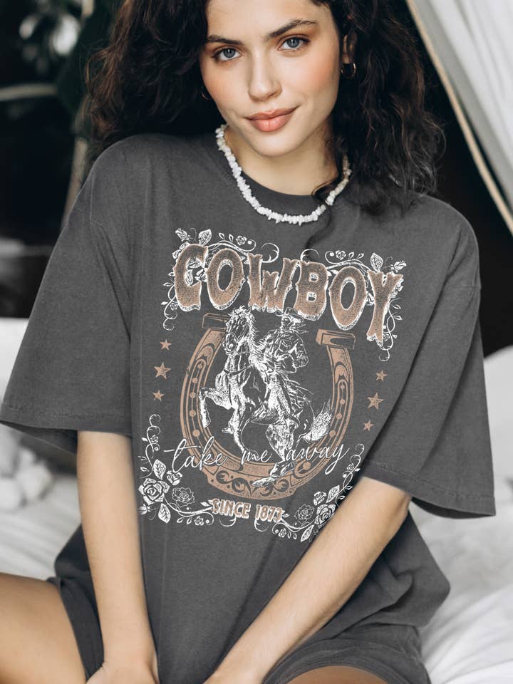 Amused by Blue - Wholesale Screen Printed T-Shirt - Women's - Women Cowboy Graphic Print Oversize Solid SS Top4