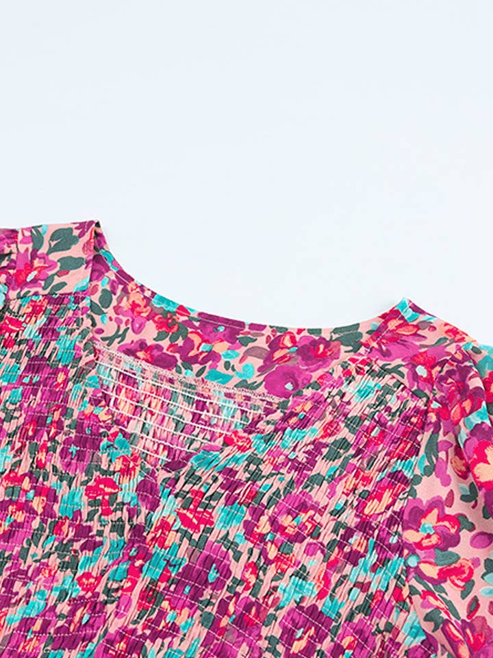Purple Mikaela Smocked V Neck Puffy Sleeve Floral Dress for wholesale on Faire