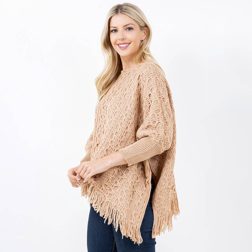 Sensibling Corp. - Wholesale Poncho - Women's - Boho Fringe Hem Crochet Knit Poncho1