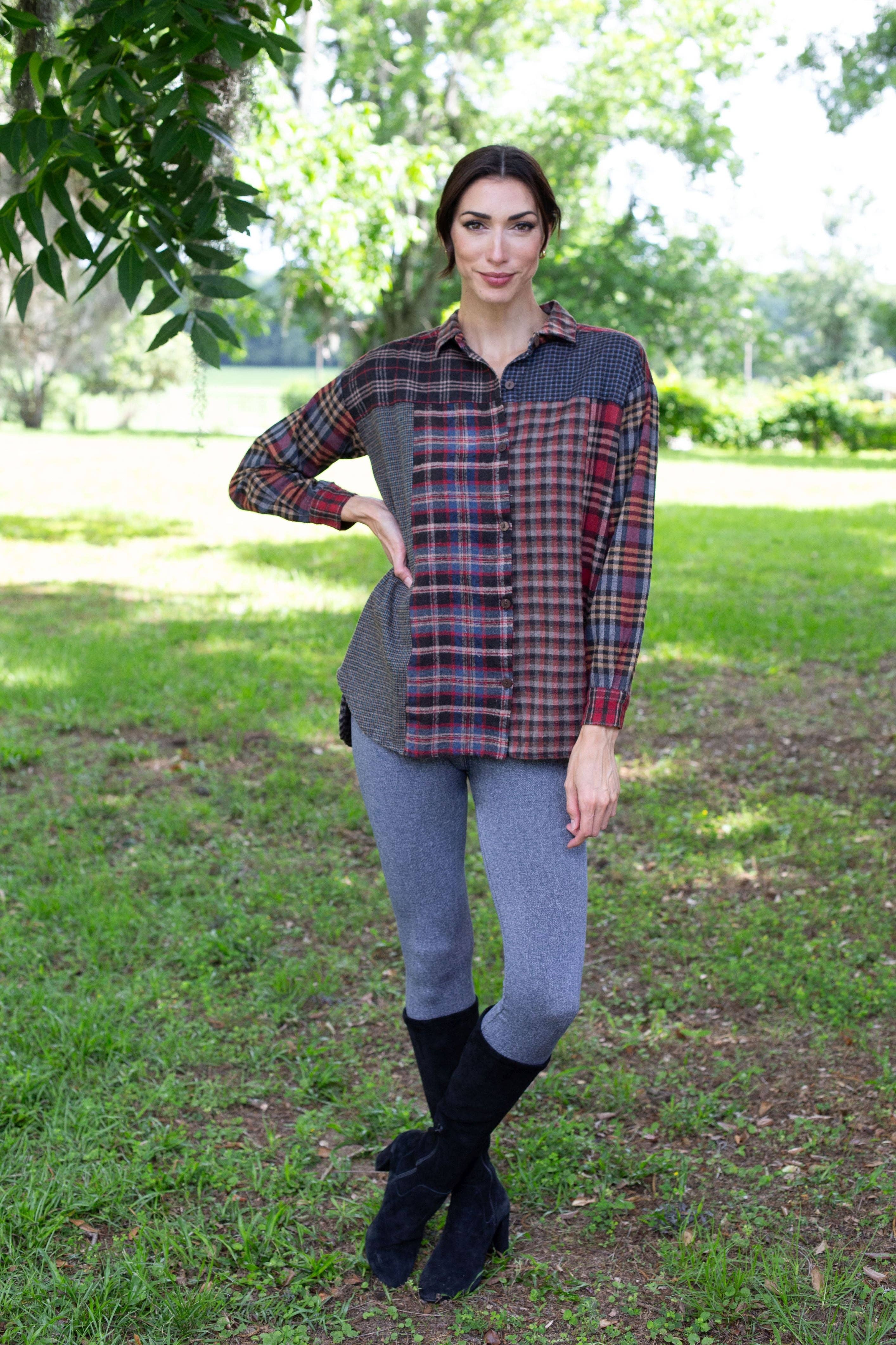 Sacred Threads - Wholesale Button Down Shirt - Women's - Patchwork Plaid Brushed Cotton Button Shirt3