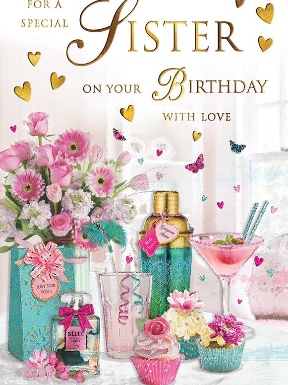 Birthday Card, Sister, Cocktails & Cakes for wholesale by Piccadilly Greetings