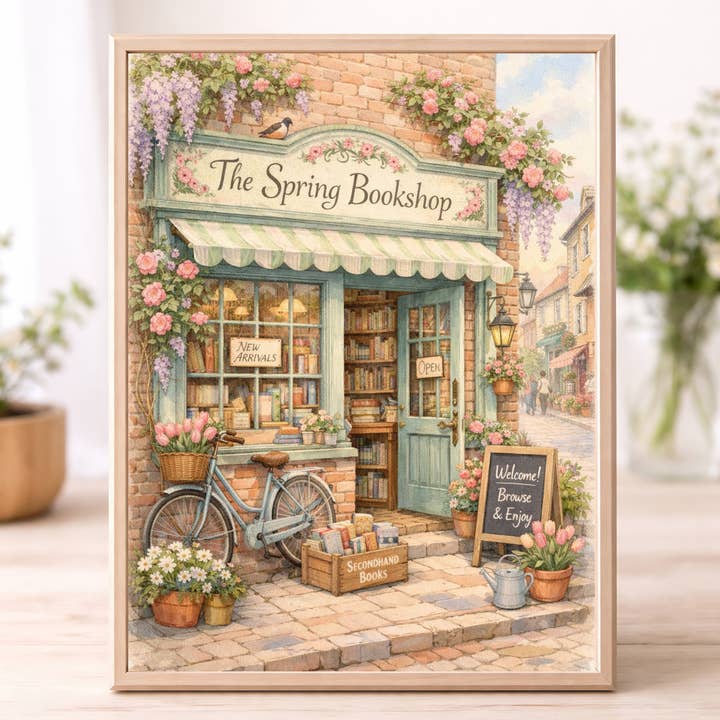 The Spring Bookshop Wall Art – Vintage Floral Bookstore Illustration Cottagecore Home Decor Print for wholesale by WinsterCreations™