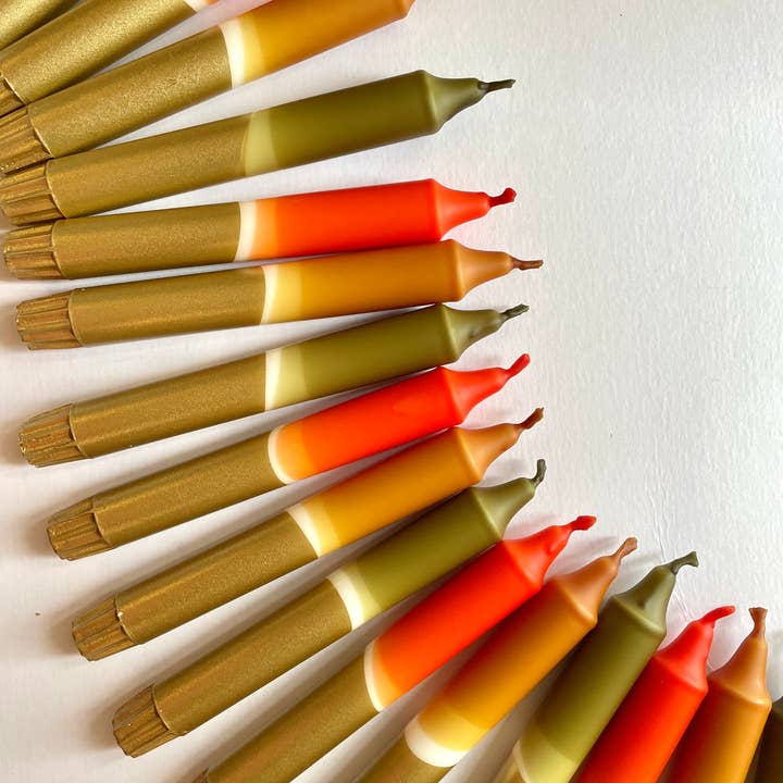 Olive, Caramel, Rust & Gold Dip Dyed Dinner Candles for wholesale by The Singing Rabbit