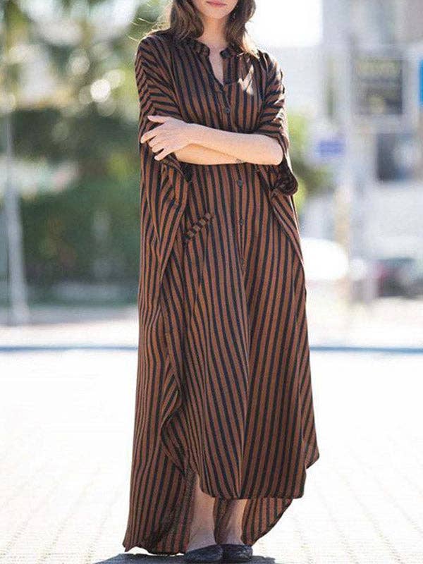Sheer Trend - Wholesale Dress - Women's - Batwing Sleeves Half Sleeves Buttoned Pockets Striped Round-Neck Beach Cover-Up Maxi Dresses3