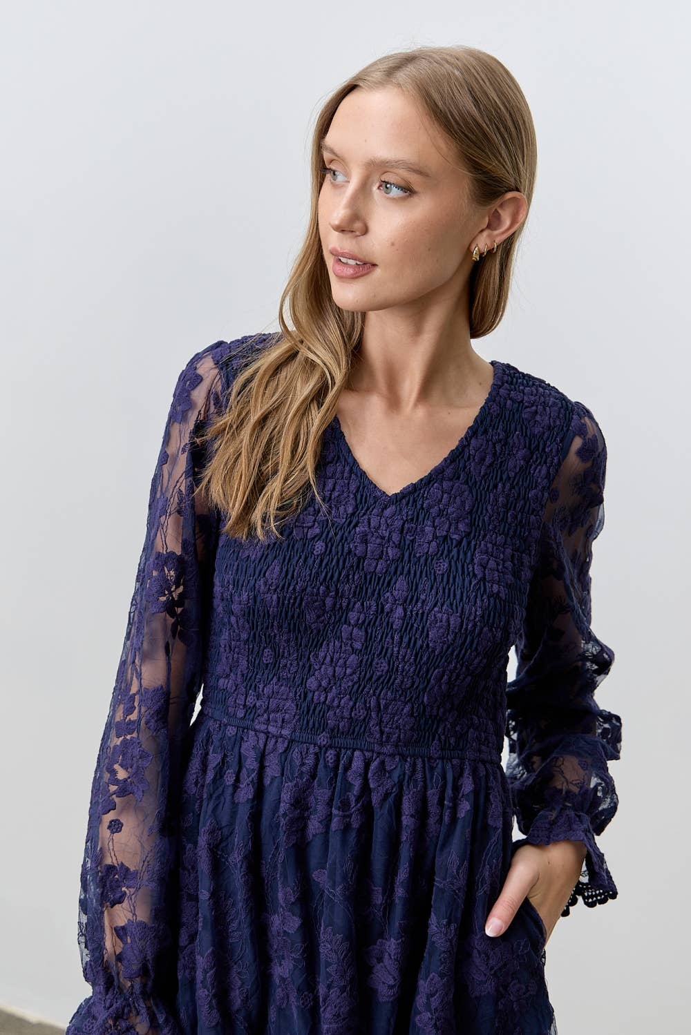 NAVY LACE V-NECK SMOCKED BODICE DRESS for wholesale on Faire3