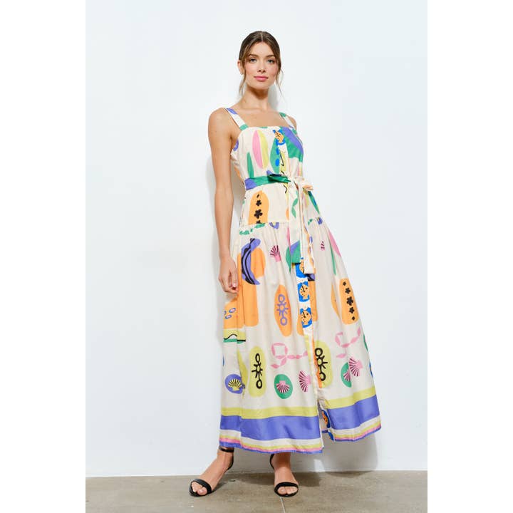 IVORY MULTI Sleeveless Square Neck Playful Printed Maxi Dress for wholesale on Faire