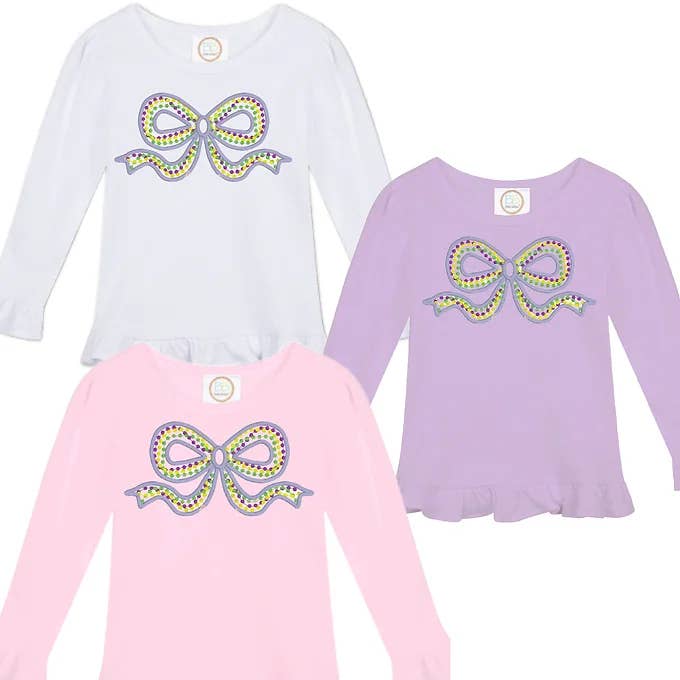 EMBROIDERED MARDI GRAS BEADS BOW LONG SLEEVE TEE for wholesale by The Sassy Seamstress