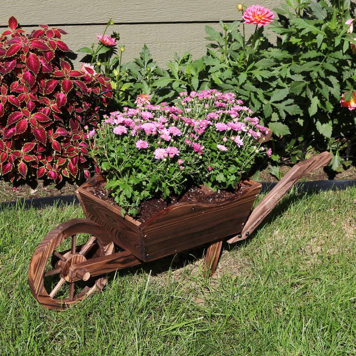 Natural Wooden Fir Decorative Wheelbarrow Garden Planter for wholesale by Sunnydaze Decor