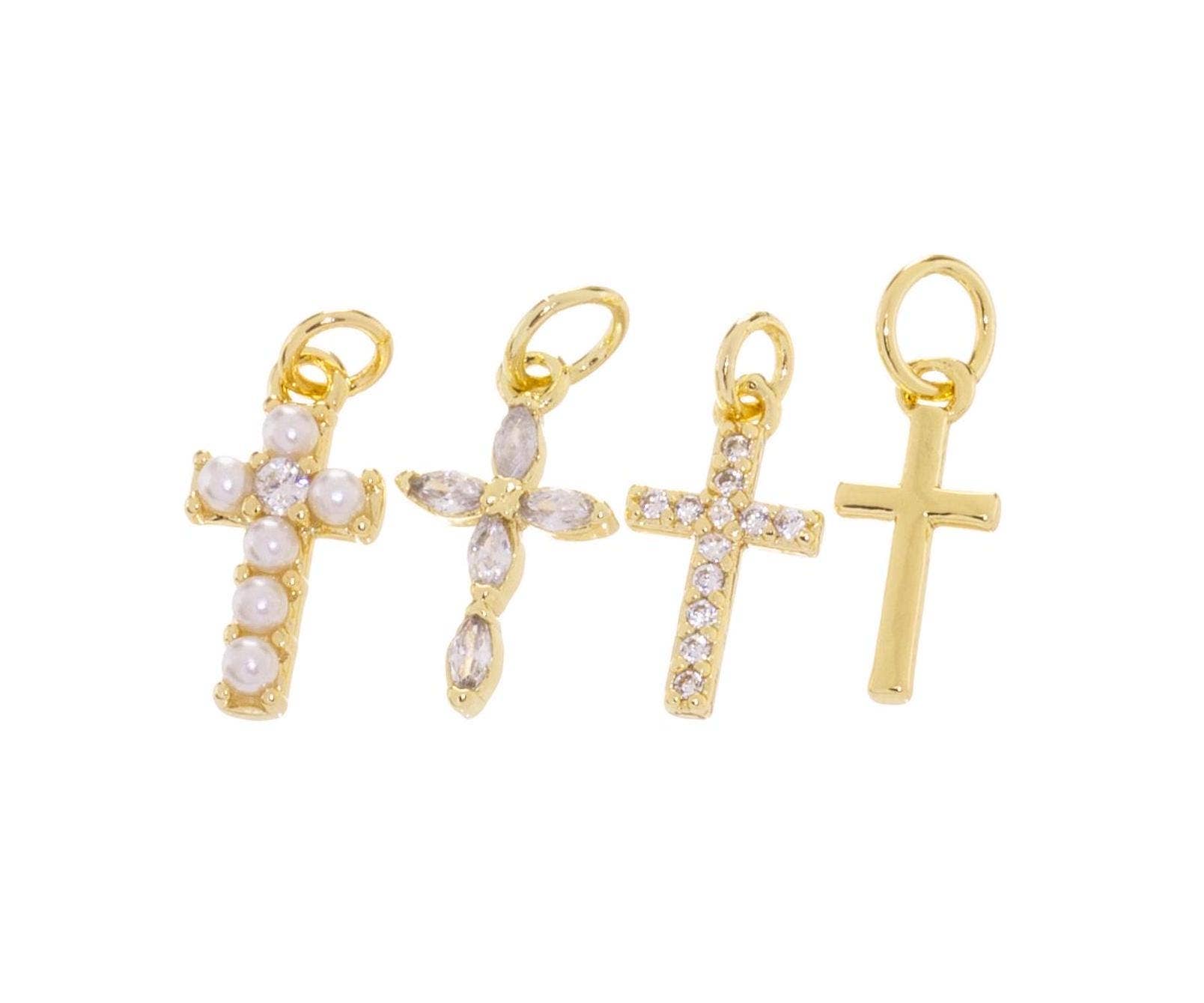 Jewel Pledge - Wholesale Individual Charm/Pendant - Gold, Pearl & CZ Mini Cross Charms for Jewelry Making