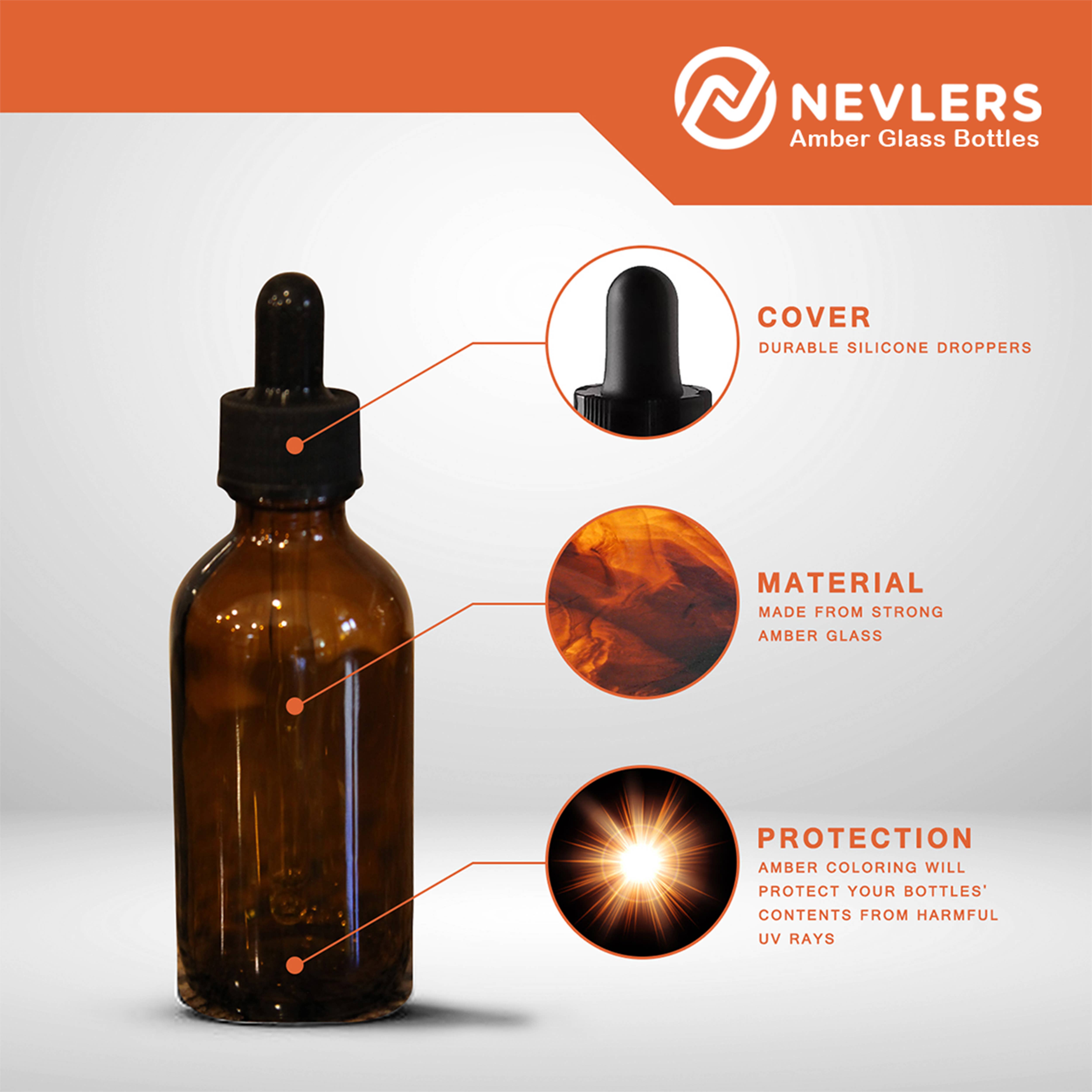 Nevlers – wholesale Travel container – Amber Glass Dropper Bottles - 2 oz. (Pack of 48)6