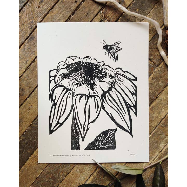 Pollinators Honeybees Linoprint for wholesale by Big Mitten Linocuts