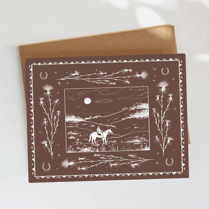 Pastures Greeting Card - Western Theme, Horse Illustration for wholesale by Elana Gabrielle