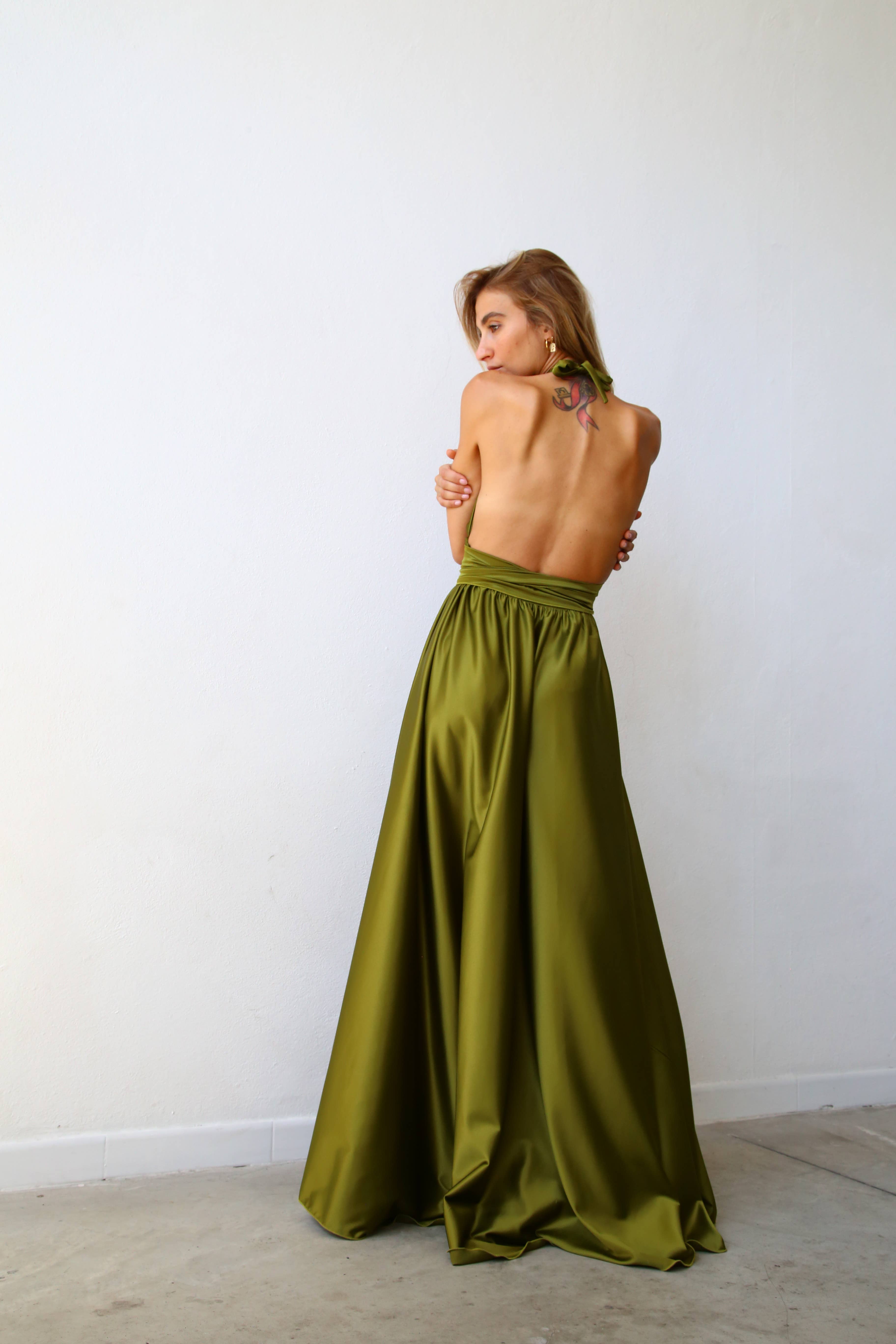 P3169 LONG MARILYN DRESS WITH FLARED SKIRT AND OLIVE GREEN BELT for wholesale on Faire4