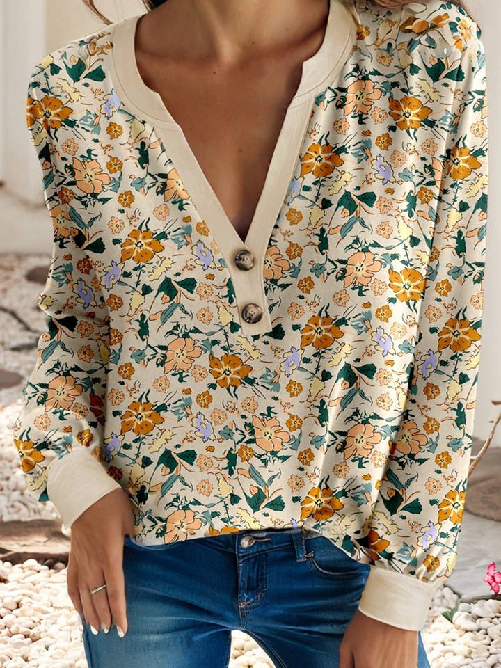 LDC Floral Print Long Sleeve Button Notched V Neck Top for wholesale by Little Daisy Closet