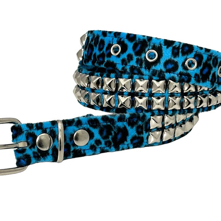 BT117L-LEOPARD FUZZY FABRIC 2 ROW STUDDED BELT for wholesale by Funk Plus