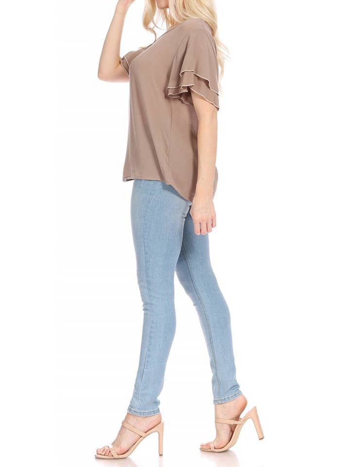 MOA COLLECTION - Wholesale Blouse - Women's - Casual Solid Flowy Short Flutter Sleeve Key Hole Blouse31