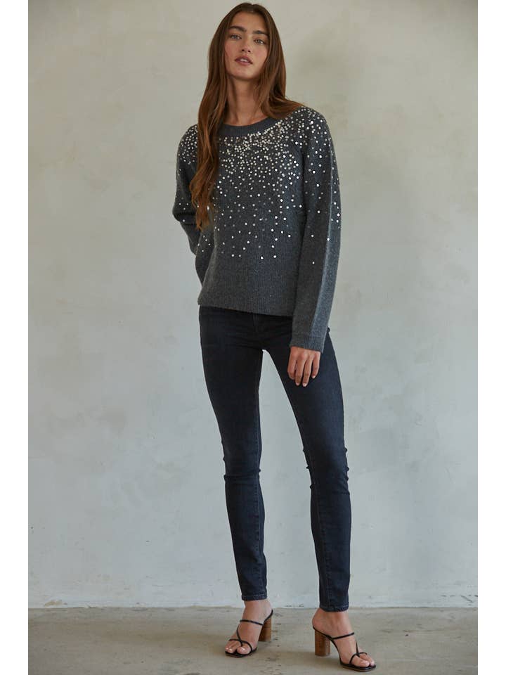 Charcoal Silver W1621 | Knit Sweater Ribbed Sequin Detail Crew Neck Pullover for wholesale on Faire1