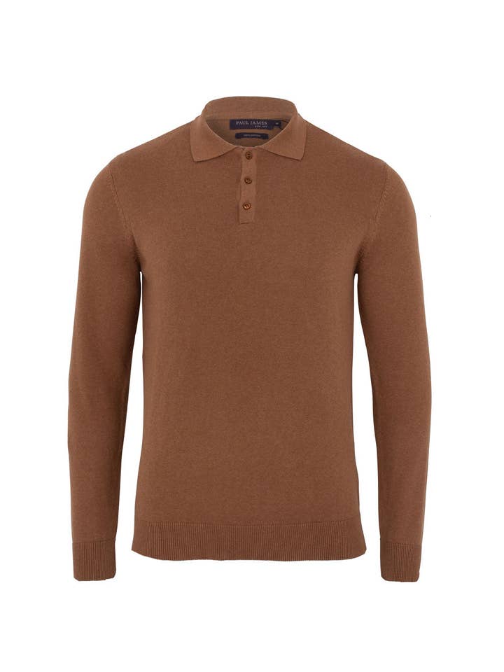 Paul James Knitwear – wholesale Polo – Men’s – Mens Lightweight Cotton Long Sleeve Knitted Polo Shirt8