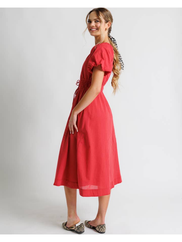 Chrysanthemum Miranda Red Short Sleeve Scoop Neck Midi Dress for wholesale on Faire