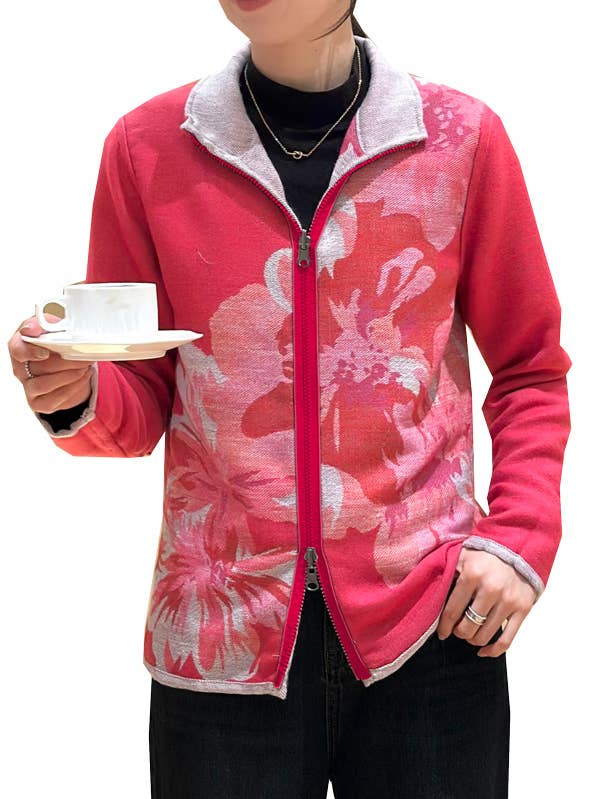 Pink / White Rose Zipper Sweater for wholesale by Winding River