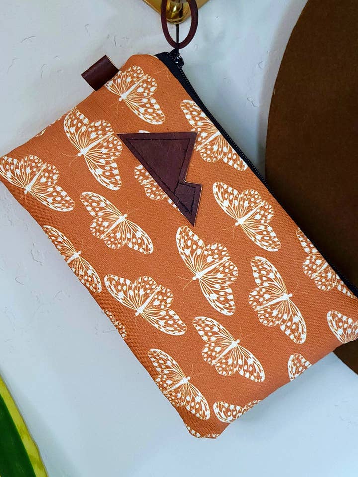 Monarch Print Canvas Pouch with Black Zipper and Patch for wholesale by 2nd Story Studio