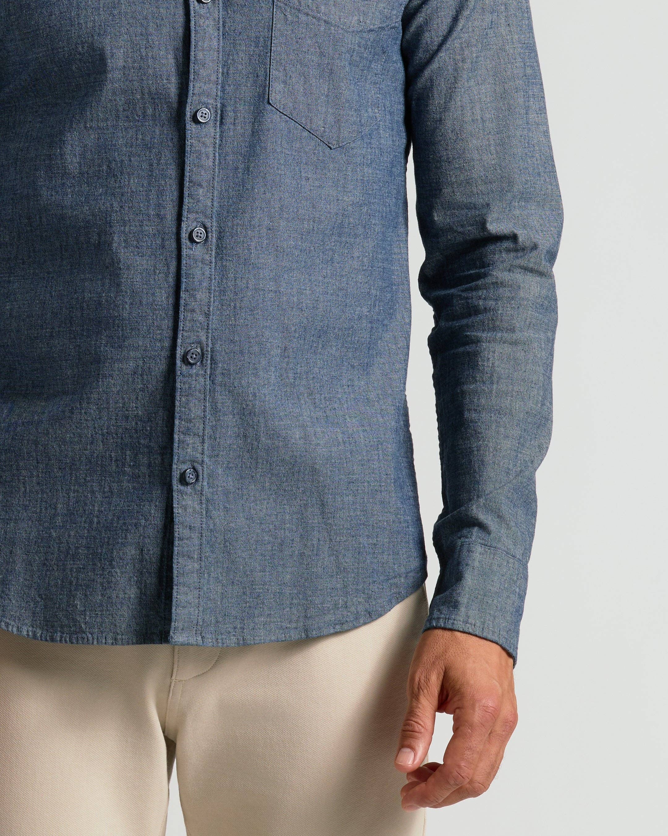 True Classic - Wholesale Button Down Shirt - Men's - Medium Indigo Wash Long Sleeve Chambray Shirt5