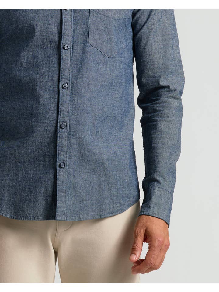 True Classic - Wholesale Button Down Shirt - Men's - Medium Indigo Wash Long Sleeve Chambray Shirt5