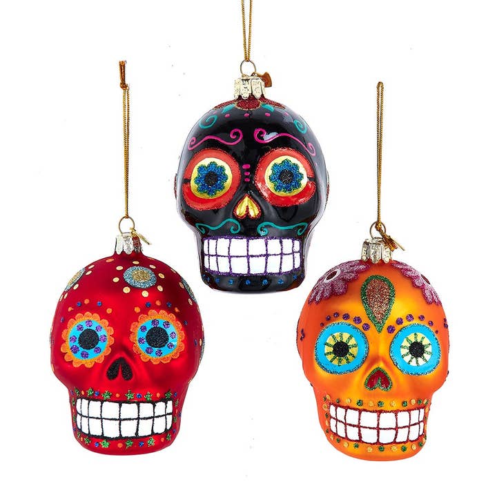 Noble Gems™ Glass Sugar Skull Ornaments, 3 Assorted for wholesale by Kurt S. Adler, Inc.