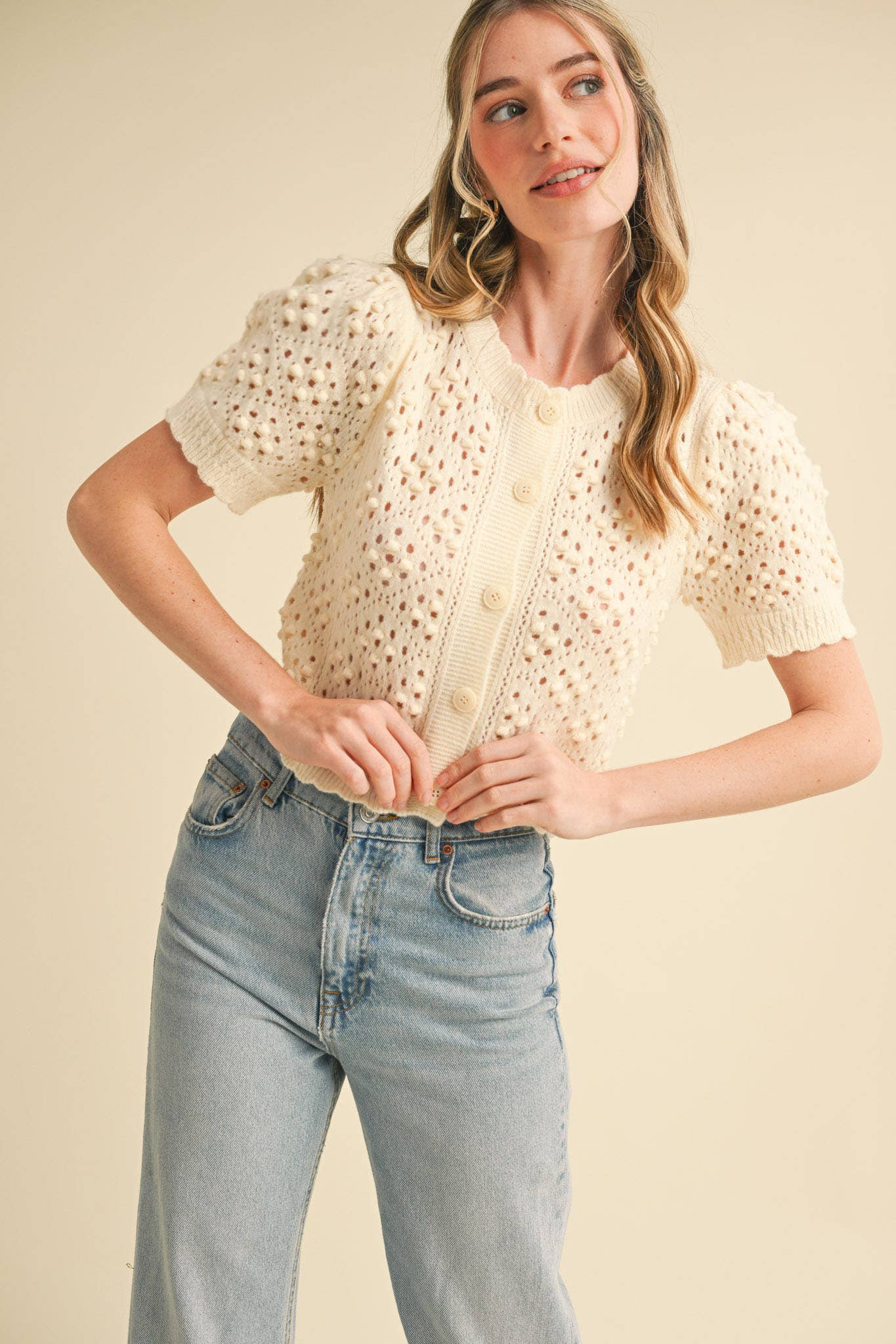 &MERCI - Wholesale Cardigan - Women's - CROPPED POINTELLE BUTTON DOWN SWEATER CARDIGAN MSW108574