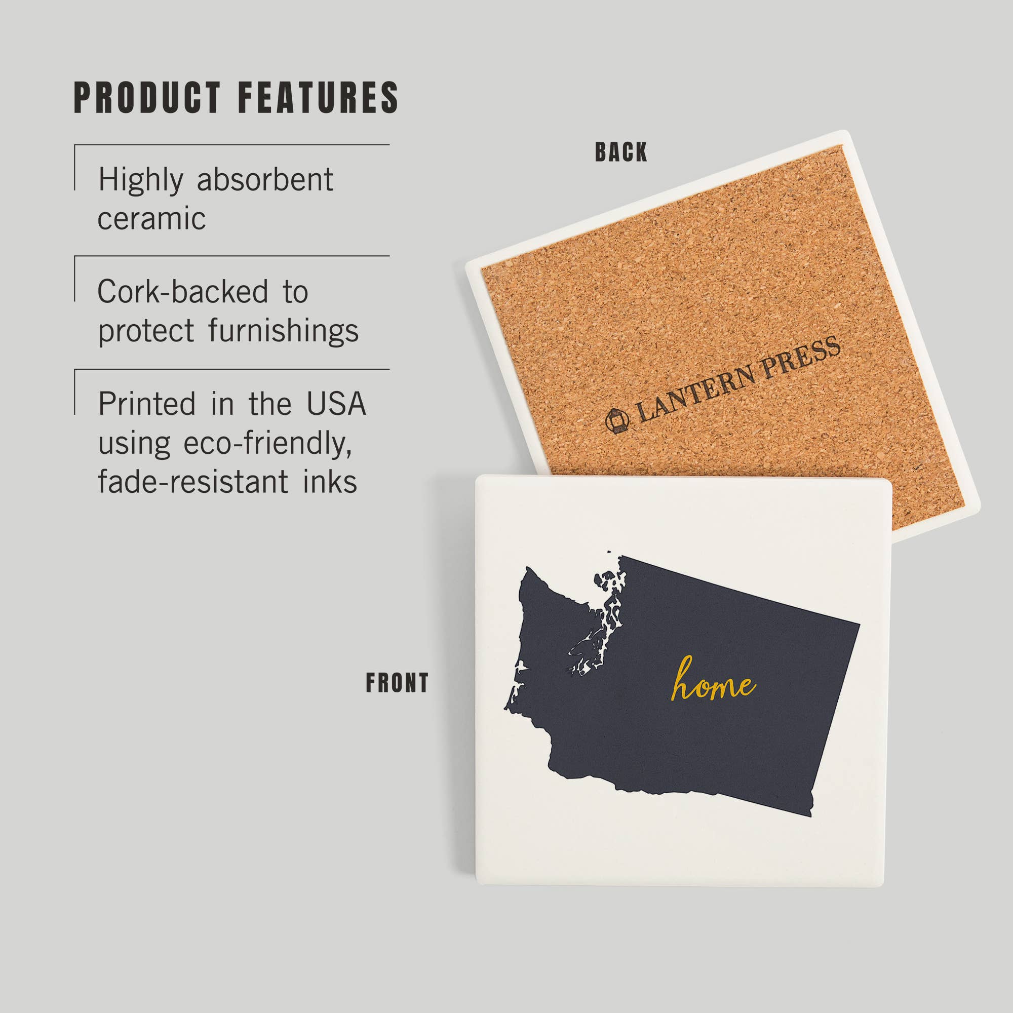 Lantern Press - Wholesale Coasters - CERAMIC COASTER Washington, Home State, Gray on White2