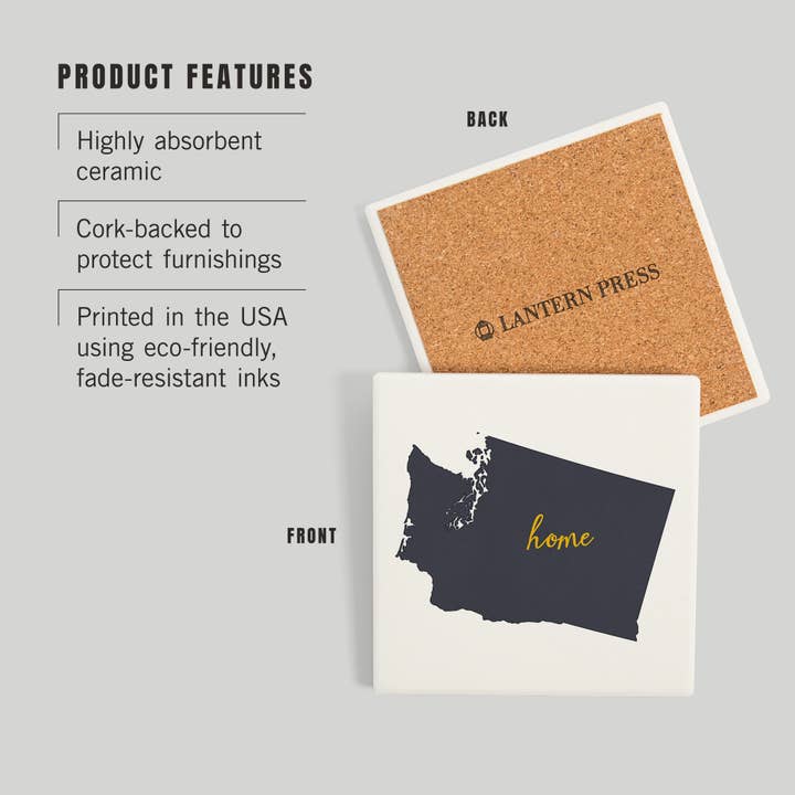 Lantern Press - Wholesale Coasters - CERAMIC COASTER Washington, Home State, Gray on White2