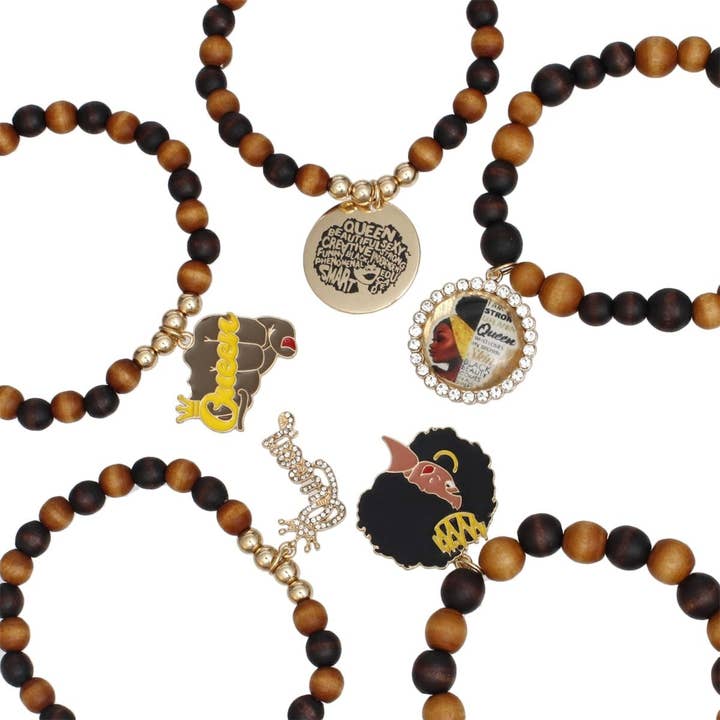 Bracelets Wood Bead Black Queen Charm Set for wholesale on Faire