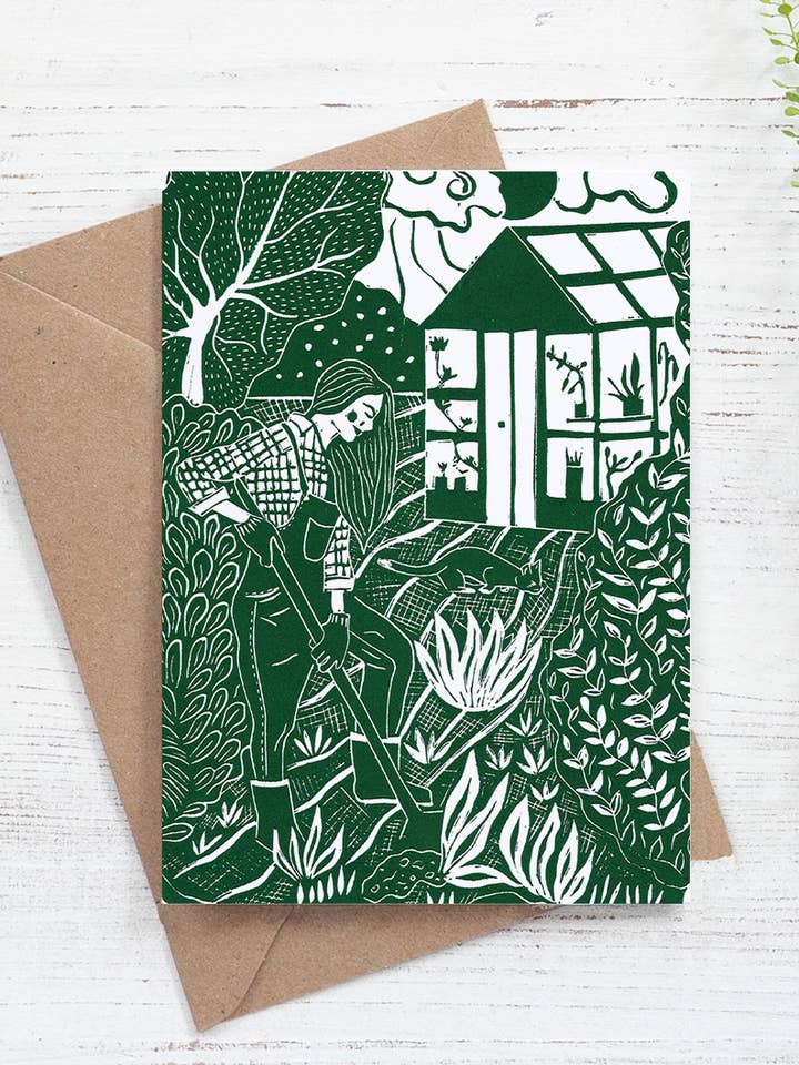 Dig It Card, gardens, gardening, allotment, cat, woman for wholesale by Prints by the Bay