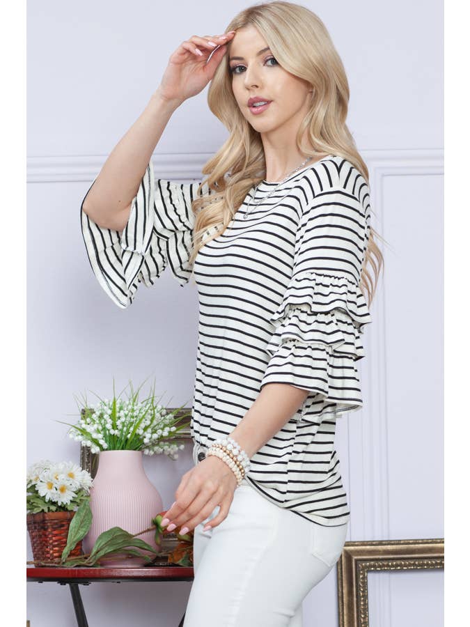 WHITE BLACK RUFFLE HALF SLEEVE STRIPE TOP for wholesale on Faire