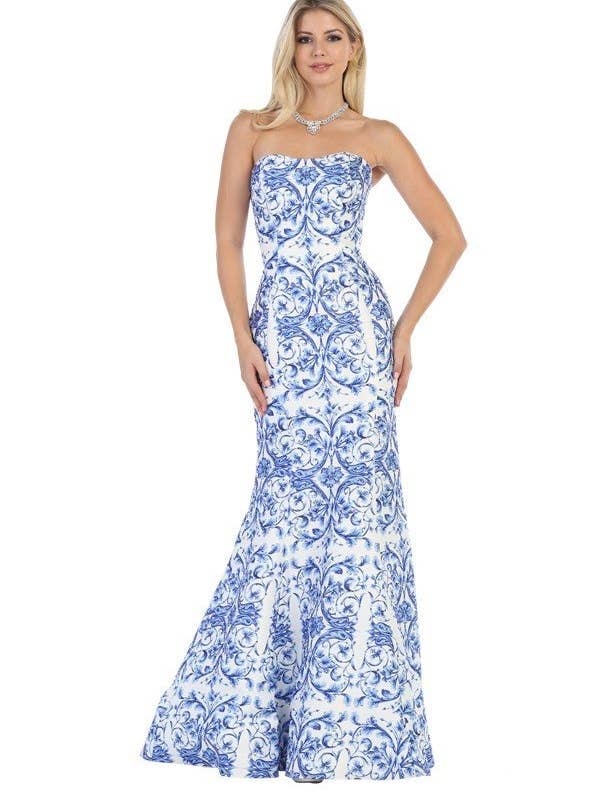 Axelbandslös satintryck lång sjöjungfruklänning LM8018 för wholesale av Chicas