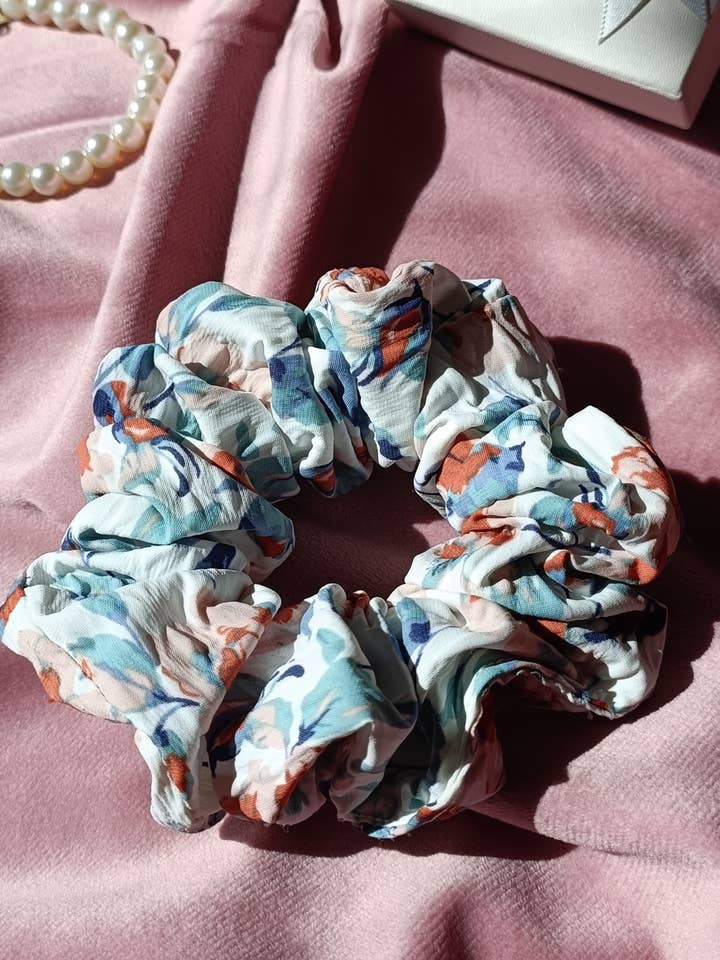 Wrinkled floral scrunchie for wholesale by Elves and Fairies