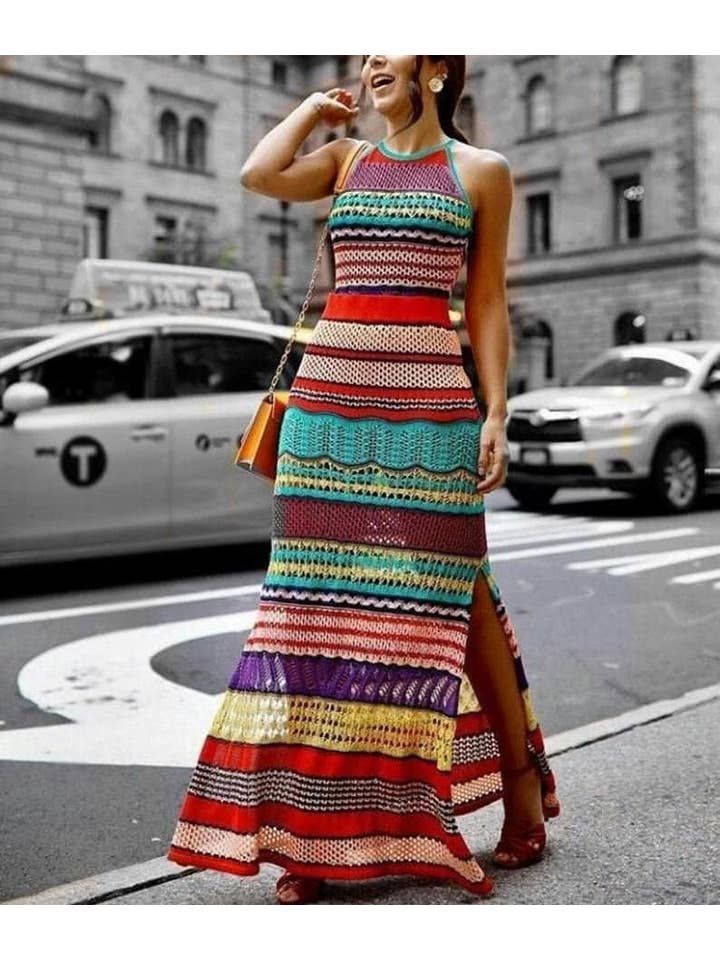 Bohoasis - Wholesale Jurk - Dames - Gestreepte handgemaakte gehaakte jurk - Gehaakte strandjurk - Handm