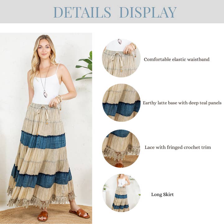 Latte Boho Patchwork Long Skirt with Denim& Lace Inserts for wholesale on Faire6