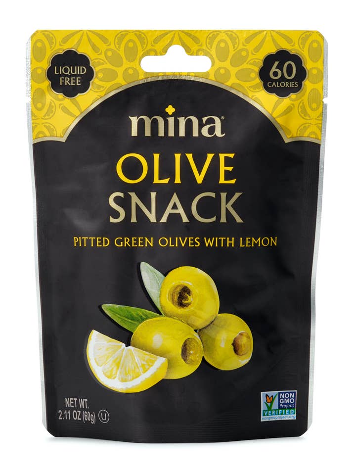 2.11 oz Olive Snack, Pitted Green with Lemon for wholesale by Mina