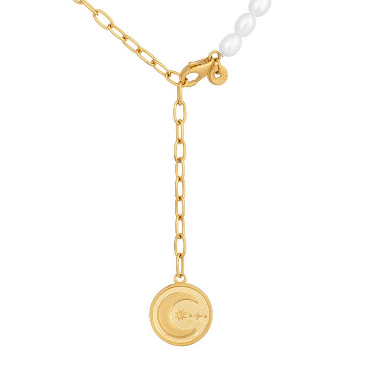 Collier 925 Silber vergoldet Y-Kette Perlen Münze Sonne Mond für den Großhandel von caï