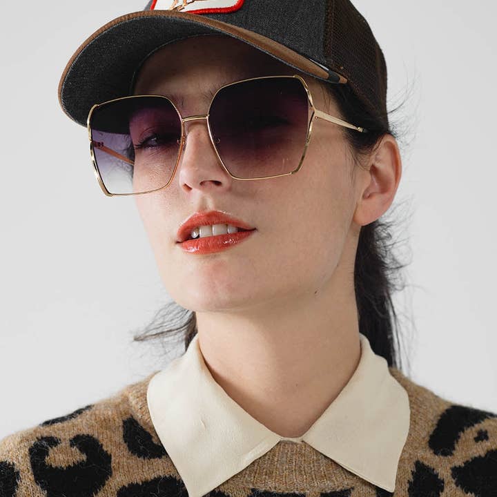 Gold Oversized Square Metal Sunglasses In Black Gradient Lens for wholesale on Faire