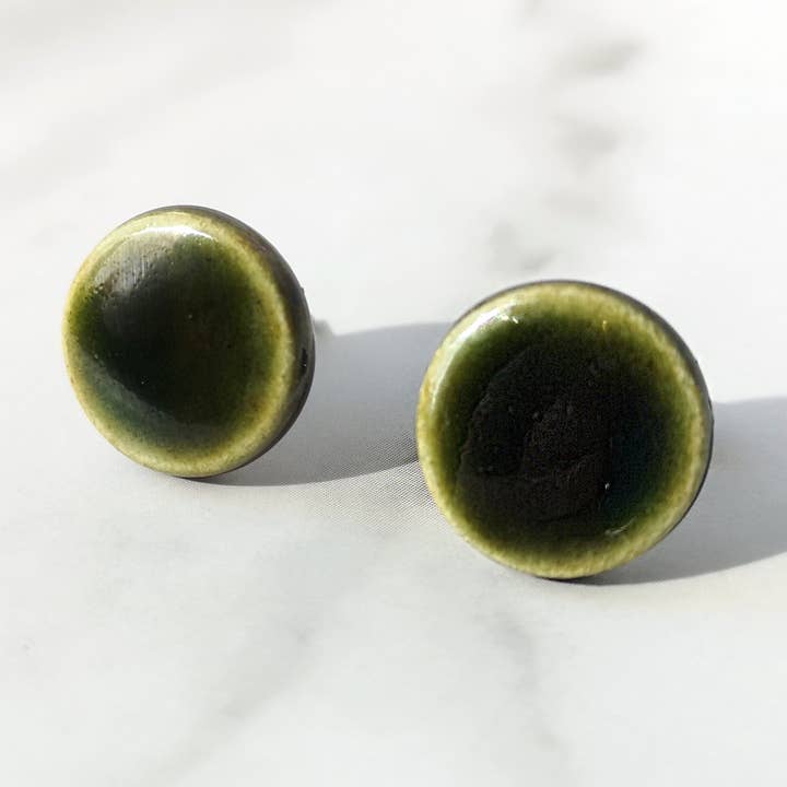 Olive green round earrings - ceramic silver stainless steel earrings for wholesale by Jessica Melis Handmade