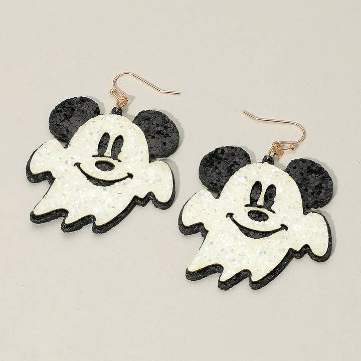Sensibling Corp. - Wholesale Dangle Earrings - Glittered Halloween Cute Mouse Character Ghost Dangle Earrings2