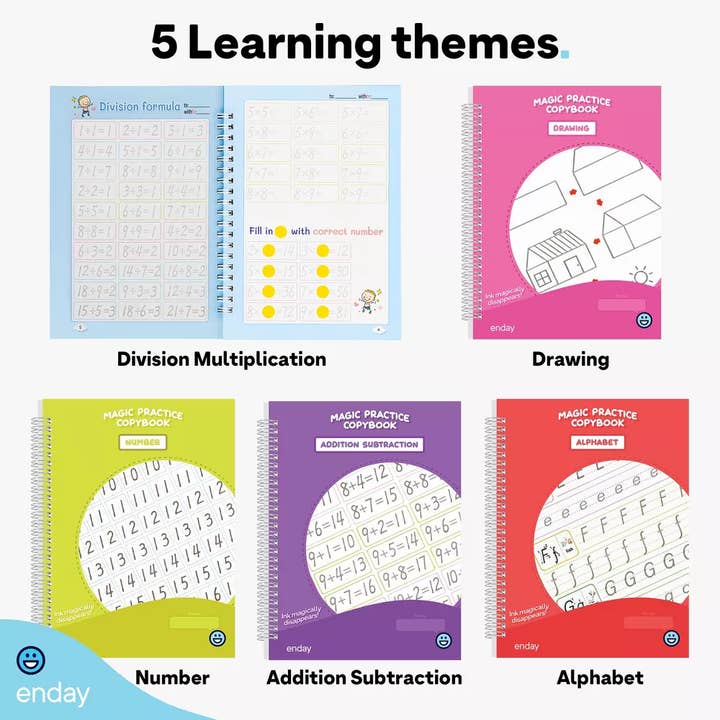 enday – Livro pré-escolar (3 a 5) por atacado – Prática de Escrita Mágica com Sulcos para Crianças - 5 Livros e Canetas4