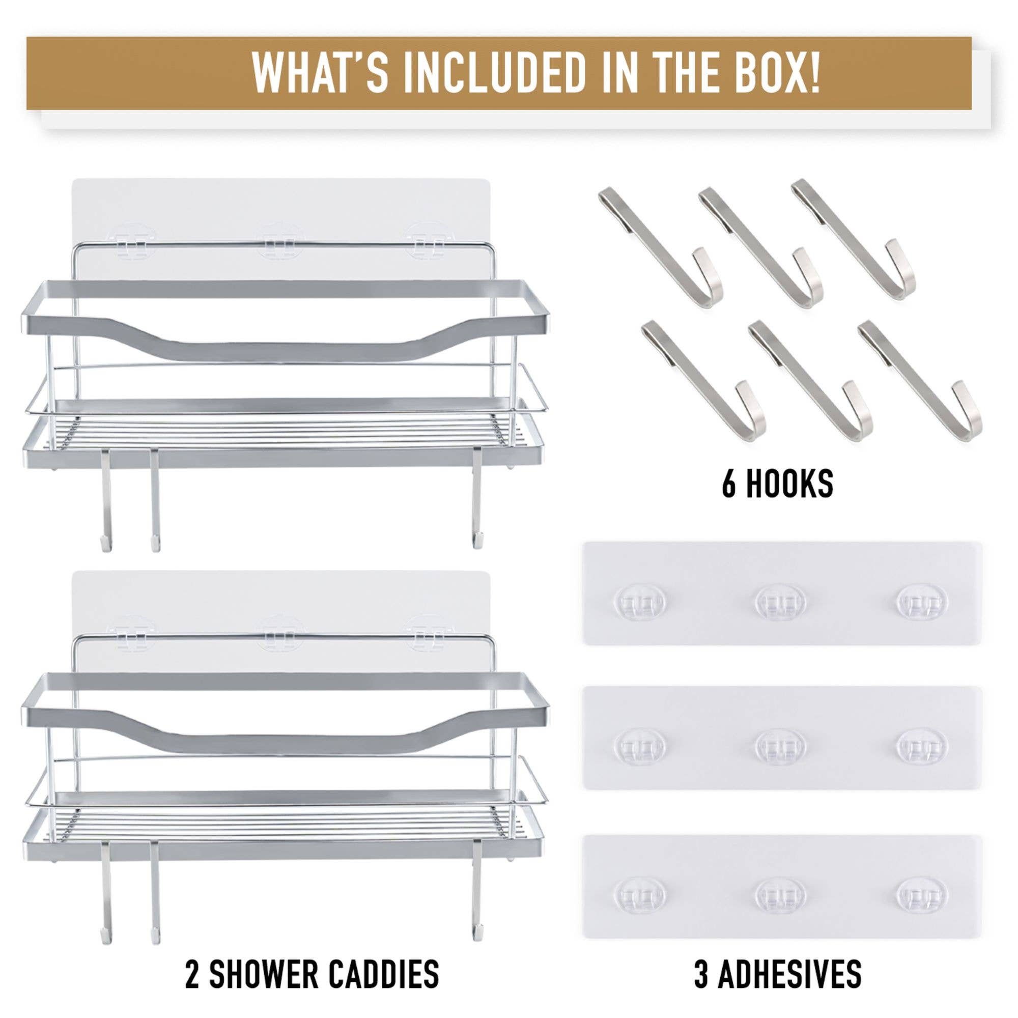 Bottiful Home - Wholesale Bath Caddy - 304 SS Shower Caddy Baskets w 3 Adhesive Strips & 6 Hooks0