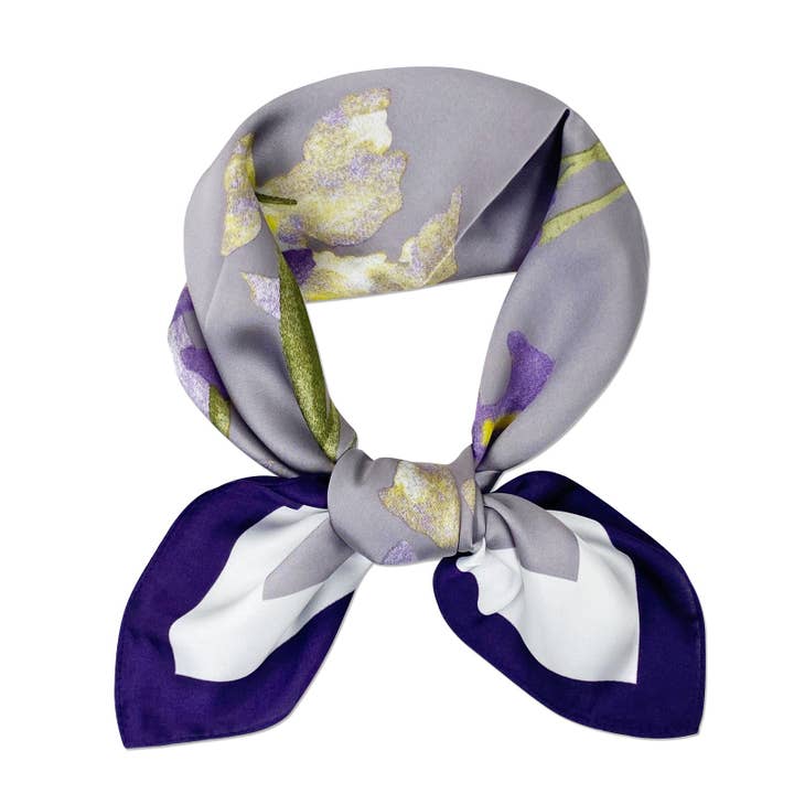 Wrapables Satin Neckerchief Scarf 26.5 x 26.5, Purple Irises for wholesale by Wrapables.com
