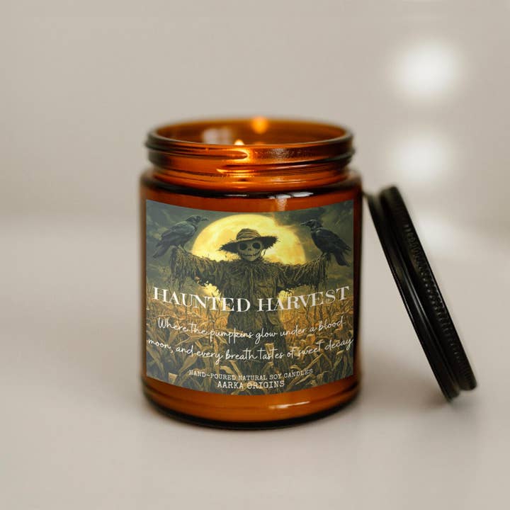 AARKA ORIGINS - Wholesale Jar/filled candle - Haunted Harvest soy candle, horror, Halloween, Spooky Season, Fall, Autumn, salted popcorn, nerdy gift, bookish candles, gift for readers6
